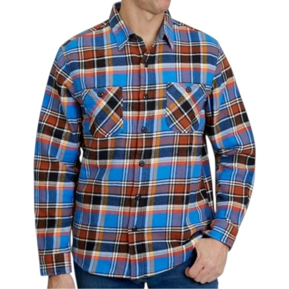 Lands' End Men’s Size L Blue Brown Plaid Heavy Cotton Button Down Over Shirt